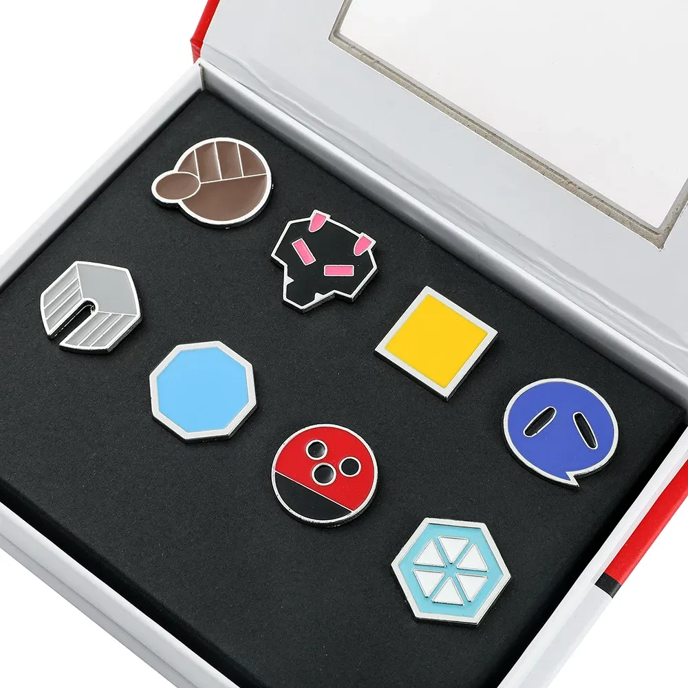 Metal color: Light Yellow Color - Pokemon Gym Badges Kanto Johto Hoenn Sinnoh Unova Kalos League Region Orange Islands Pins Brooches Box Set Pocket Monster