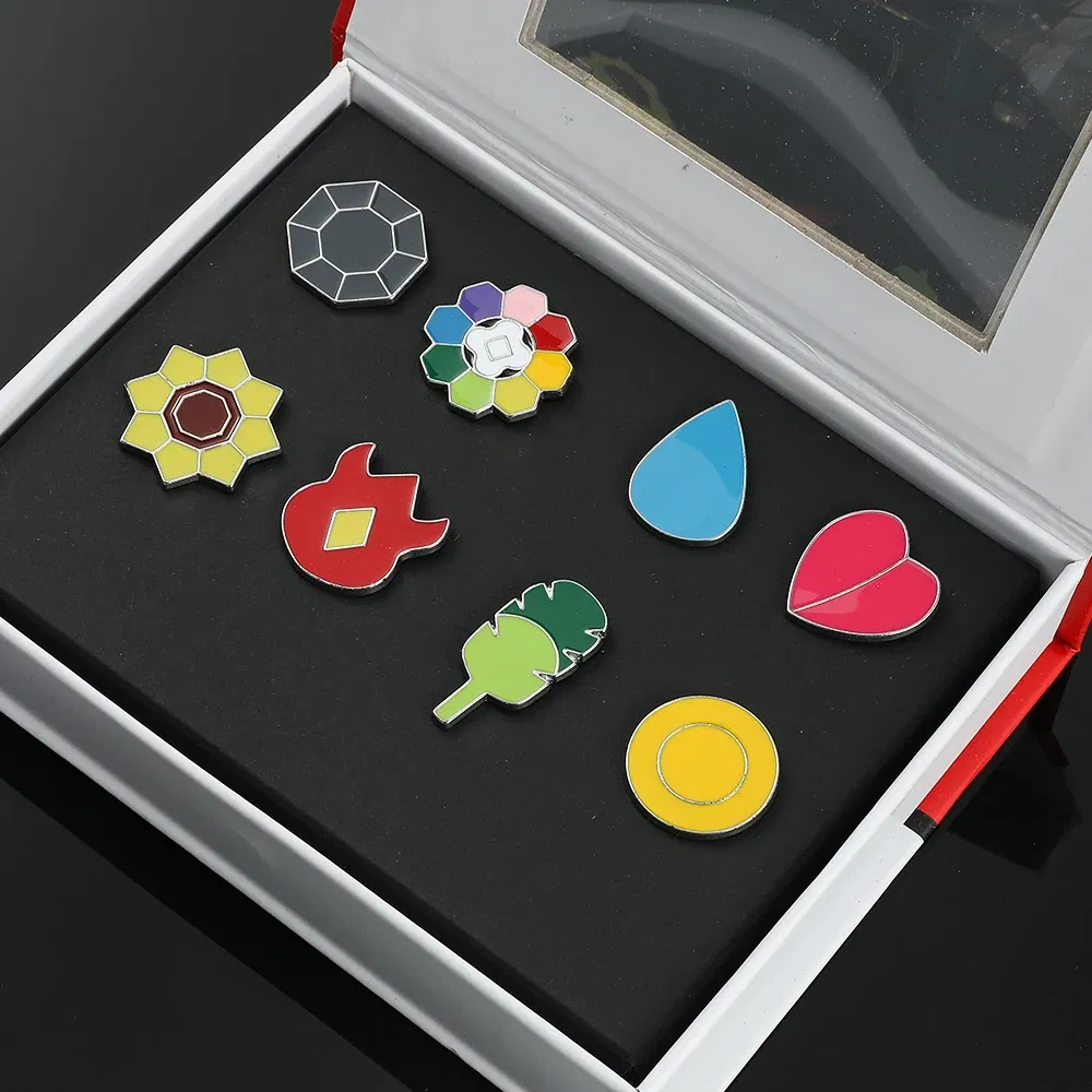 Metal color: Light Yellow Color - Pokemon Gym Badges Kanto Johto Hoenn Sinnoh Unova Kalos League Region Orange Islands Pins Brooches Box Set Pocket Monster