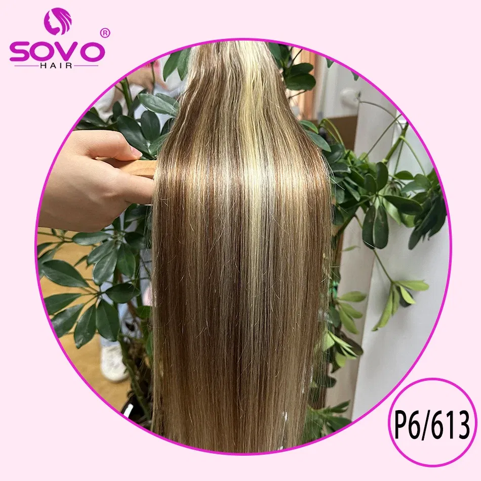 Color: #P6/613, Length: 18 inches - SOVO Clip In Hair Extensions Human Hair 3 Pieces Bone Straight Clip Ins Hair Extension 60-90G Real Natural European Hair 12-26"