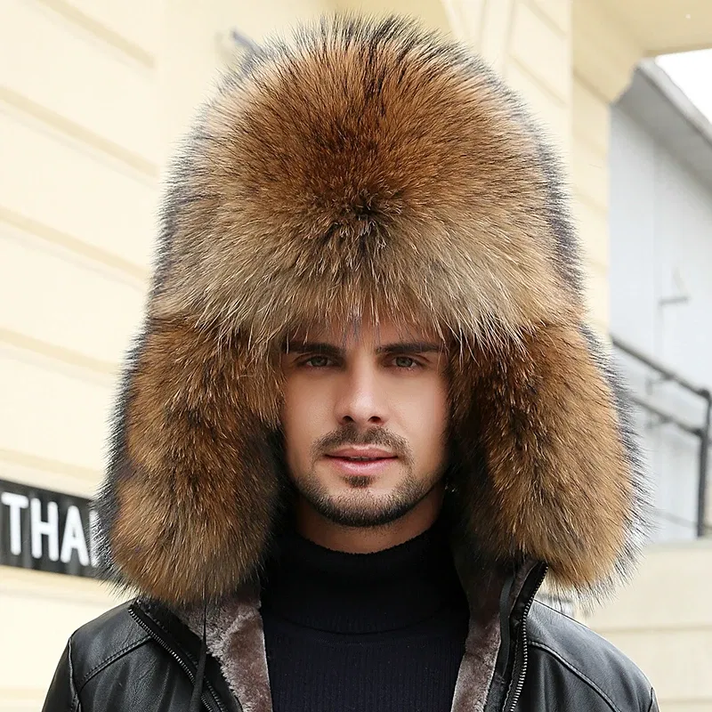 Color: Lavender, Hat Size: 55 - 2025 Winter 100% Real Silver Fox Fur Bomber Hat Raccoon Fur Ushanka Cap Trapper Russian Men's Ski Hats Caps