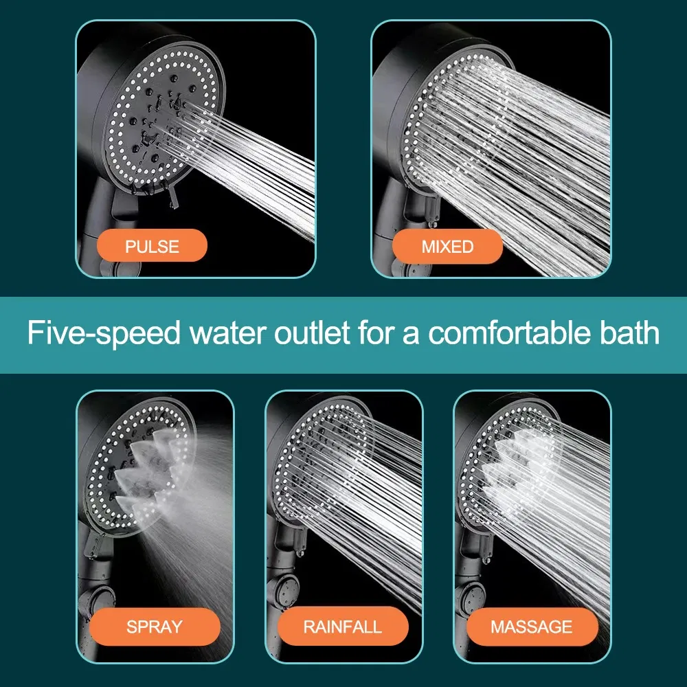 Color: Blue - High Pressure Shower Head 5 Modes Adjustable Showerheads with Hose Water Saving One-Key Stop Spray Nozzle Bathroom Accessories