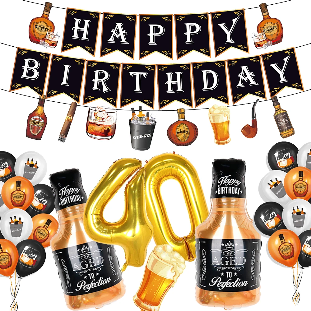 Color: light yellow - Whiskey Party Decor Happy Birthday Banner Whiskey Balloon Gold Number Balloon Aged To Perfection 40th Birthday Party Supplies