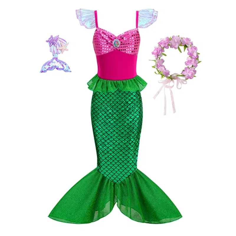 Color: Pink, Kid Size: 5 - Disney Little Mermaid Ariel Costumes for Girls Princess Dress Cosplay Halloween Carnival Kids Birthday Party Dress Up Clothing
