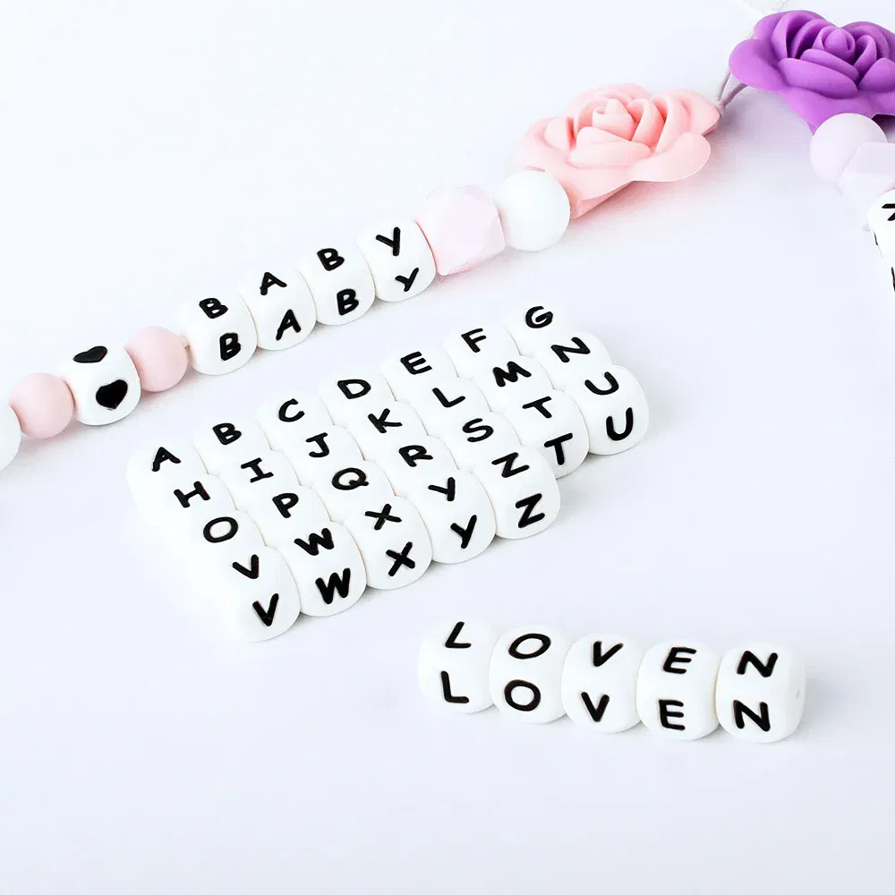Color: Chocolate - 100Pcs Baby Teether 12mm Silicone Letters Beads Pacifier Clip Chain Personalized Name Letter Beads Teething Nursing Toy BPA Free