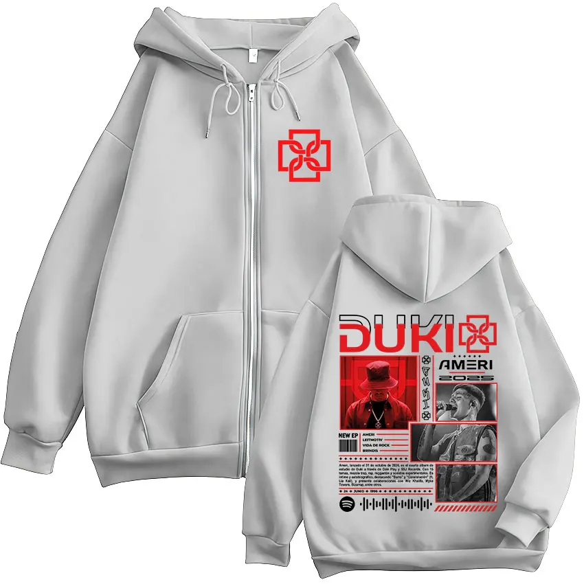 Color: Beige, Size: M - Rapper Duki Ameri World Tour 2025 Zipper Hoodies Men Women Clothing Fashion Hip Hop Zip Up Hooded Oversized Sweatshirts Jackets