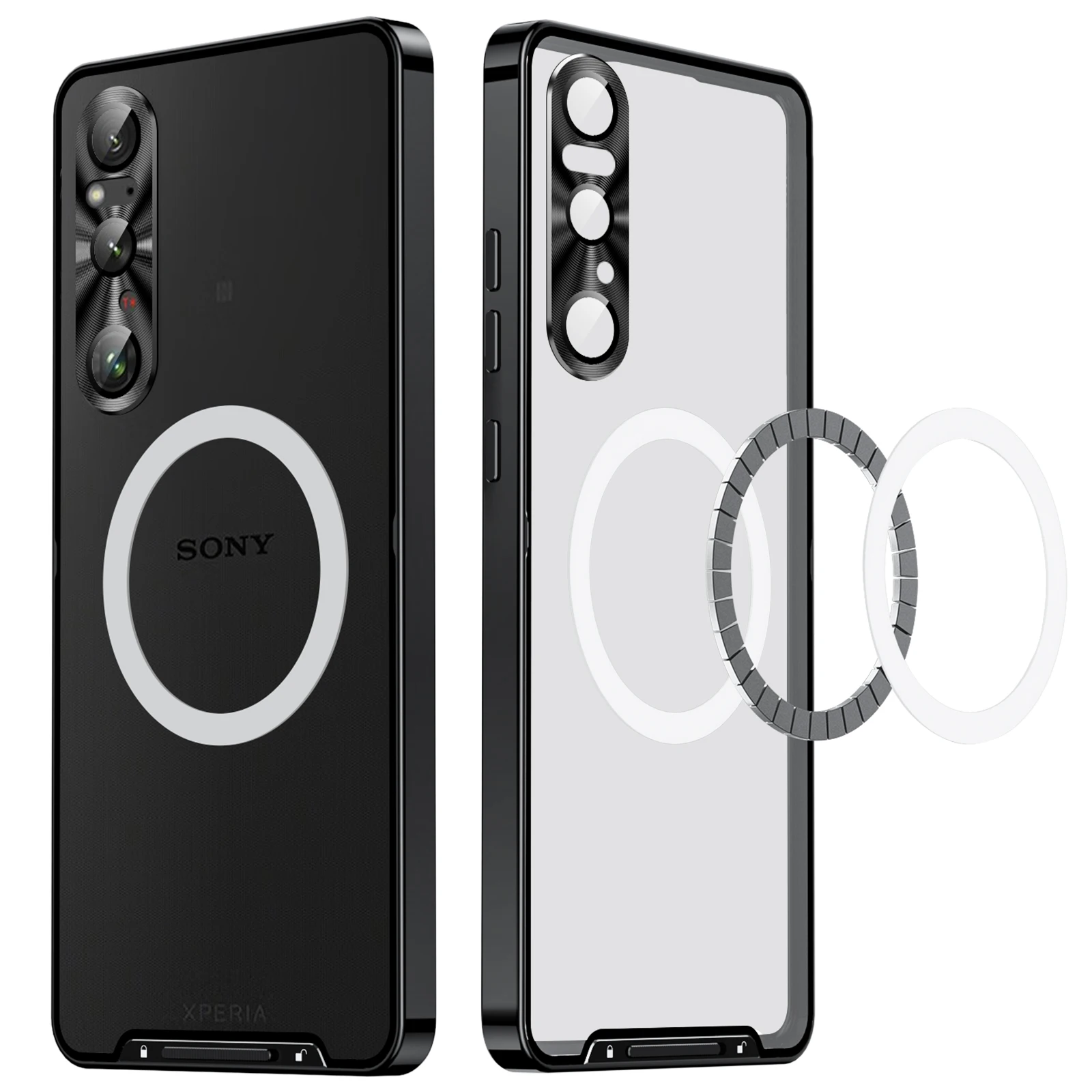 Color: black, Material: Cotton Fabric - Metal Alloy Magnetic Case For Sony Xperia 1 V 10 IV iii 5 V Aluminum Bumper Frame Clear Transparent Wireless Charger Cover