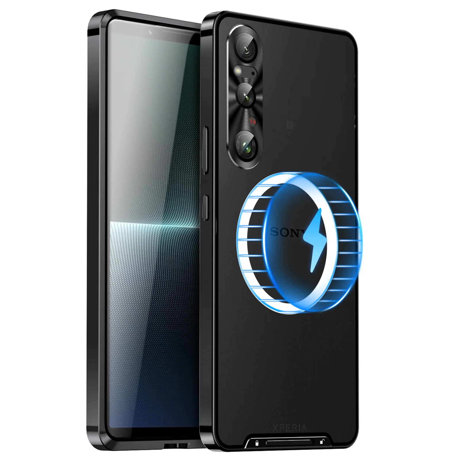 Color: black, Material: Cotton Fabric - Metal Alloy Magnetic Case For Sony Xperia 1 V 10 IV iii 5 V Aluminum Bumper Frame Clear Transparent Wireless Charger Cover