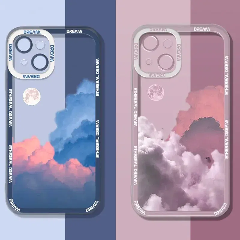 Color: Clear, Material: leather - Retro INS Sunset Sky Clouds Moon Pattern Case For Samsung Galaxy S10 S20 S21 S22 S23 S24 FE Plus Ultra Note 20 Shockproof Cover