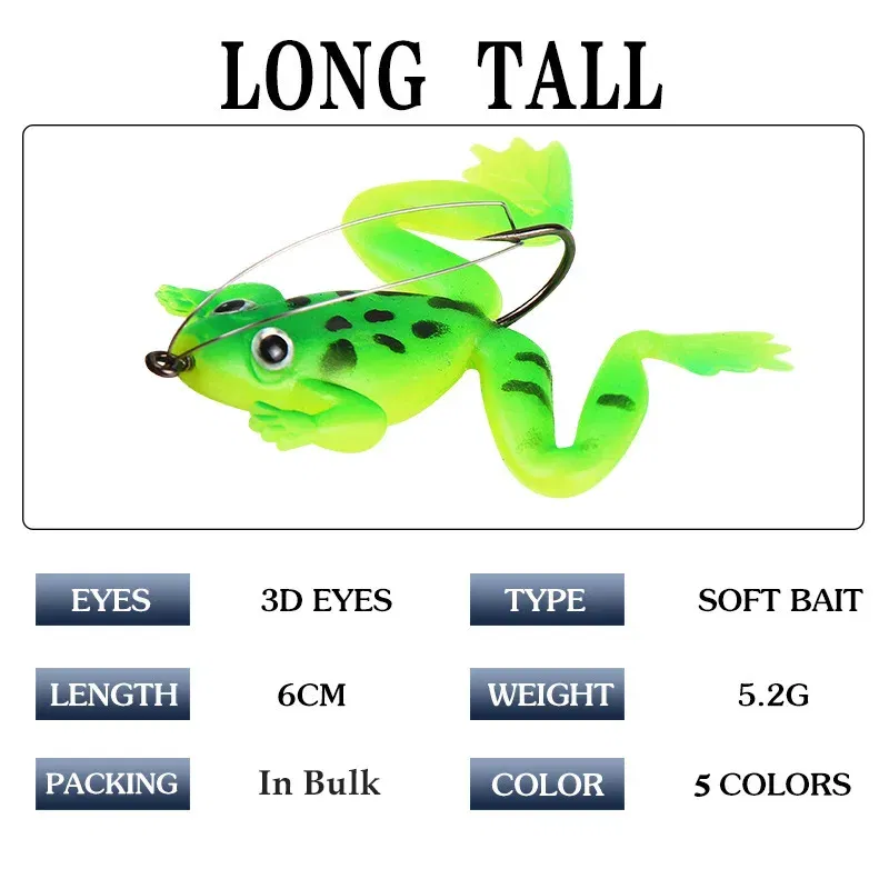 Color: light green - 1 Pcs Soft Frog Fishing Lures 6CM 5.2G Silicone Bait Frog Artificial Treble Hooks Top Water Ray Baits Fishing Tackle