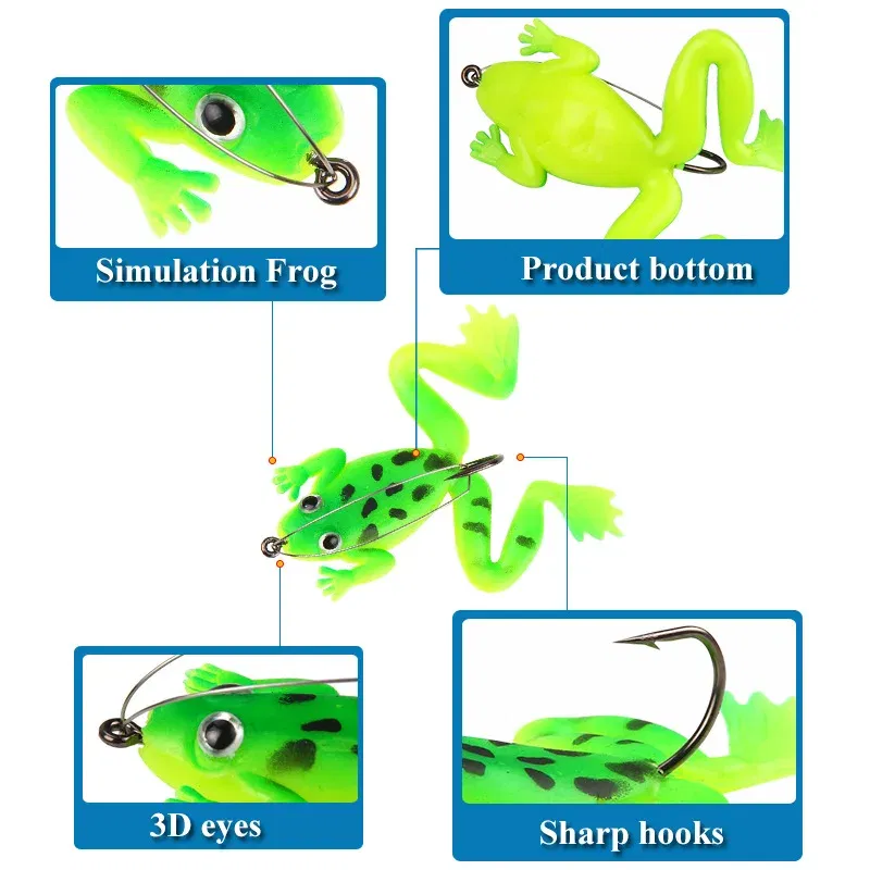 Color: light green - 1 Pcs Soft Frog Fishing Lures 6CM 5.2G Silicone Bait Frog Artificial Treble Hooks Top Water Ray Baits Fishing Tackle