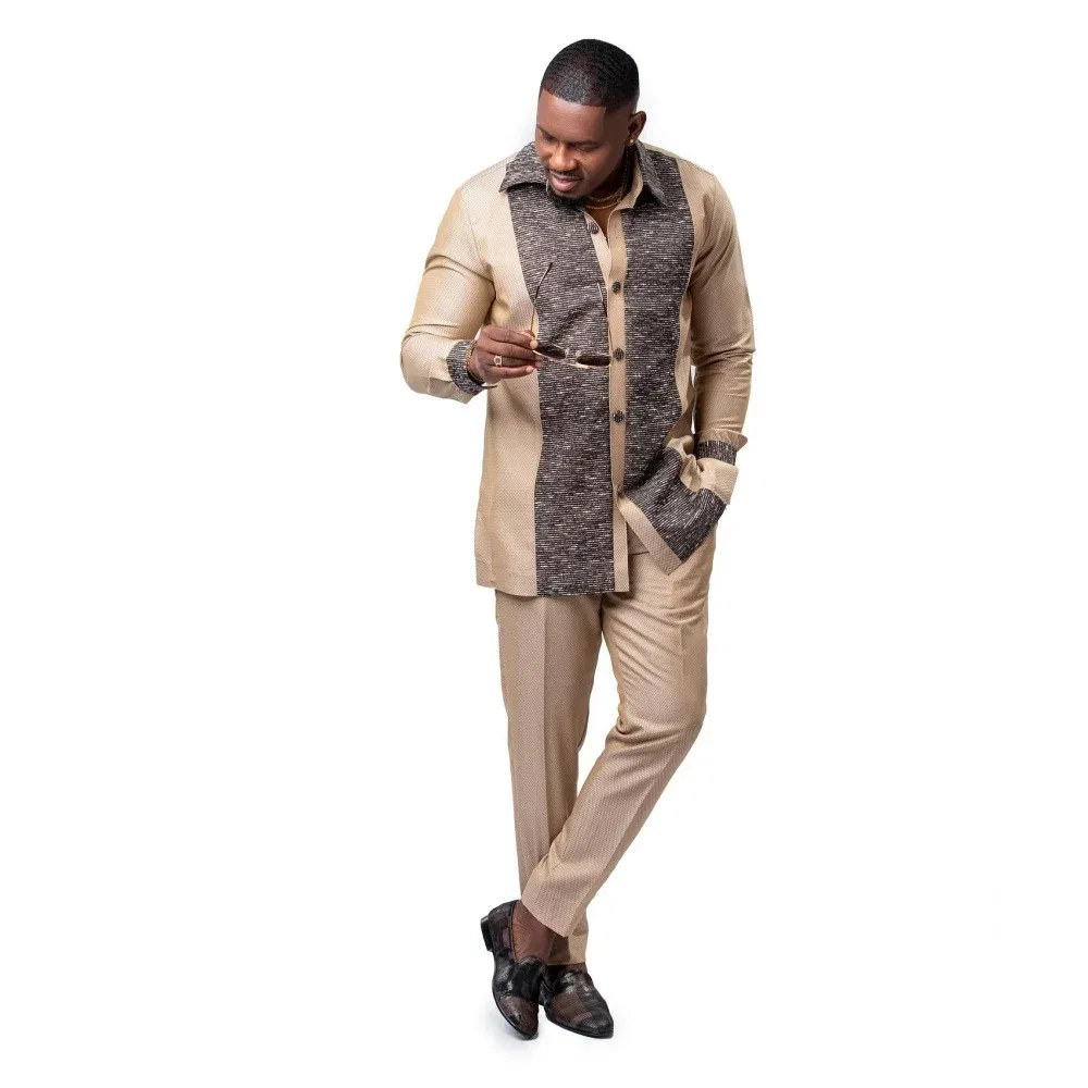 Color: Gold, Size: L - 2025 new traditional men's suit luxury gentleman's shirt suit casual travel banquet men's two-piece set fashionable men's suit
