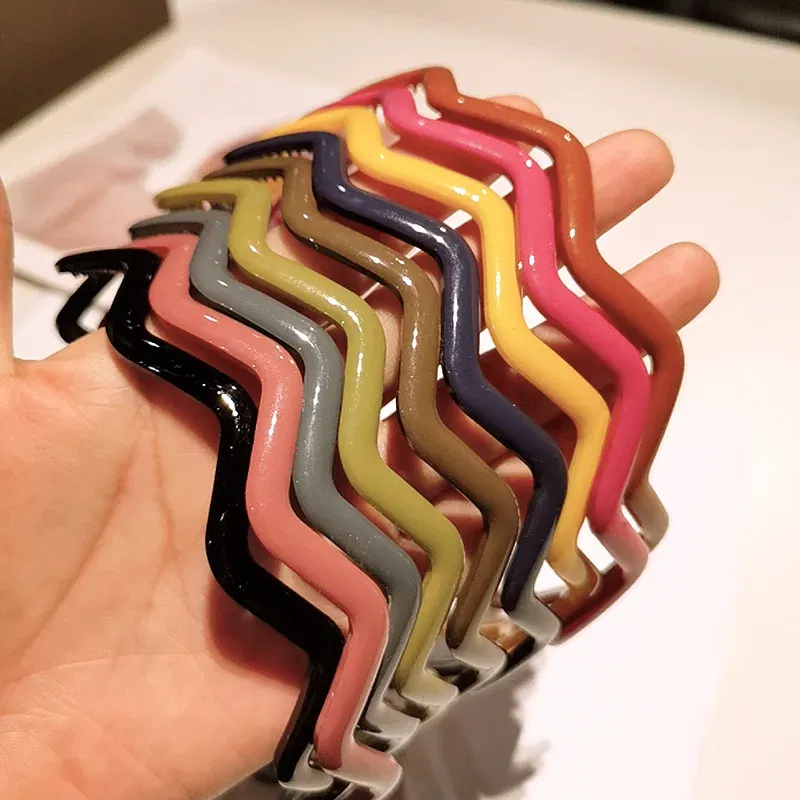Color: Blue - New Fashion Solid color resin Simple frosted anti-slip wave shape Toothed Wild Hairbands Women Girls Hair Accessories Headdress