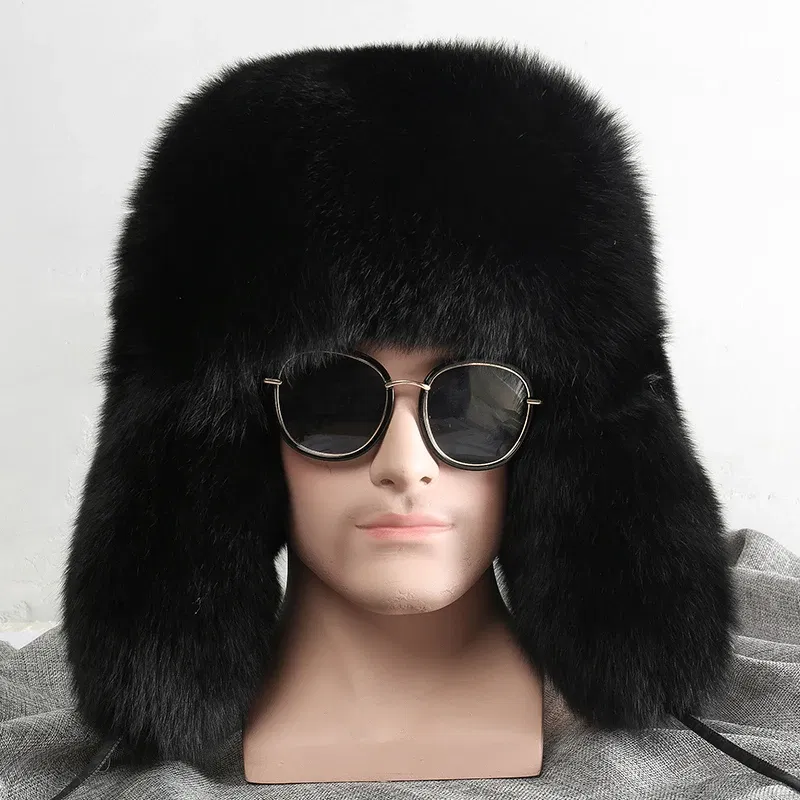 Color: Blue, Hat Size: 56 - 2025 Winter 100% Real Silver Fox Fur Bomber Hat Raccoon Fur Ushanka Cap Trapper Russian Men's Ski Hats Caps