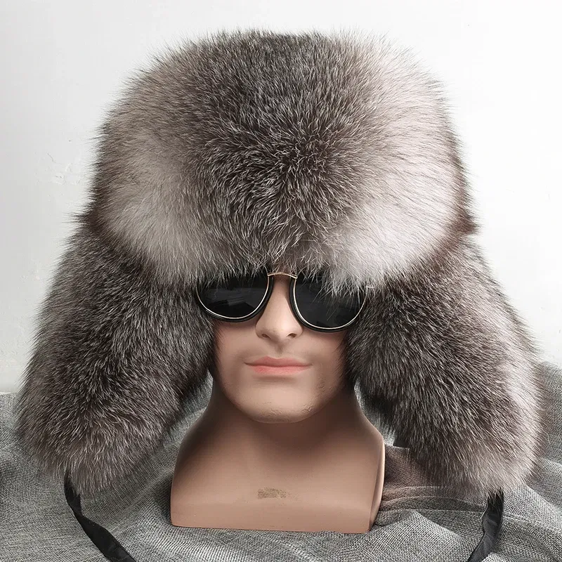 Color: Blue, Hat Size: 56 - 2025 Winter 100% Real Silver Fox Fur Bomber Hat Raccoon Fur Ushanka Cap Trapper Russian Men's Ski Hats Caps