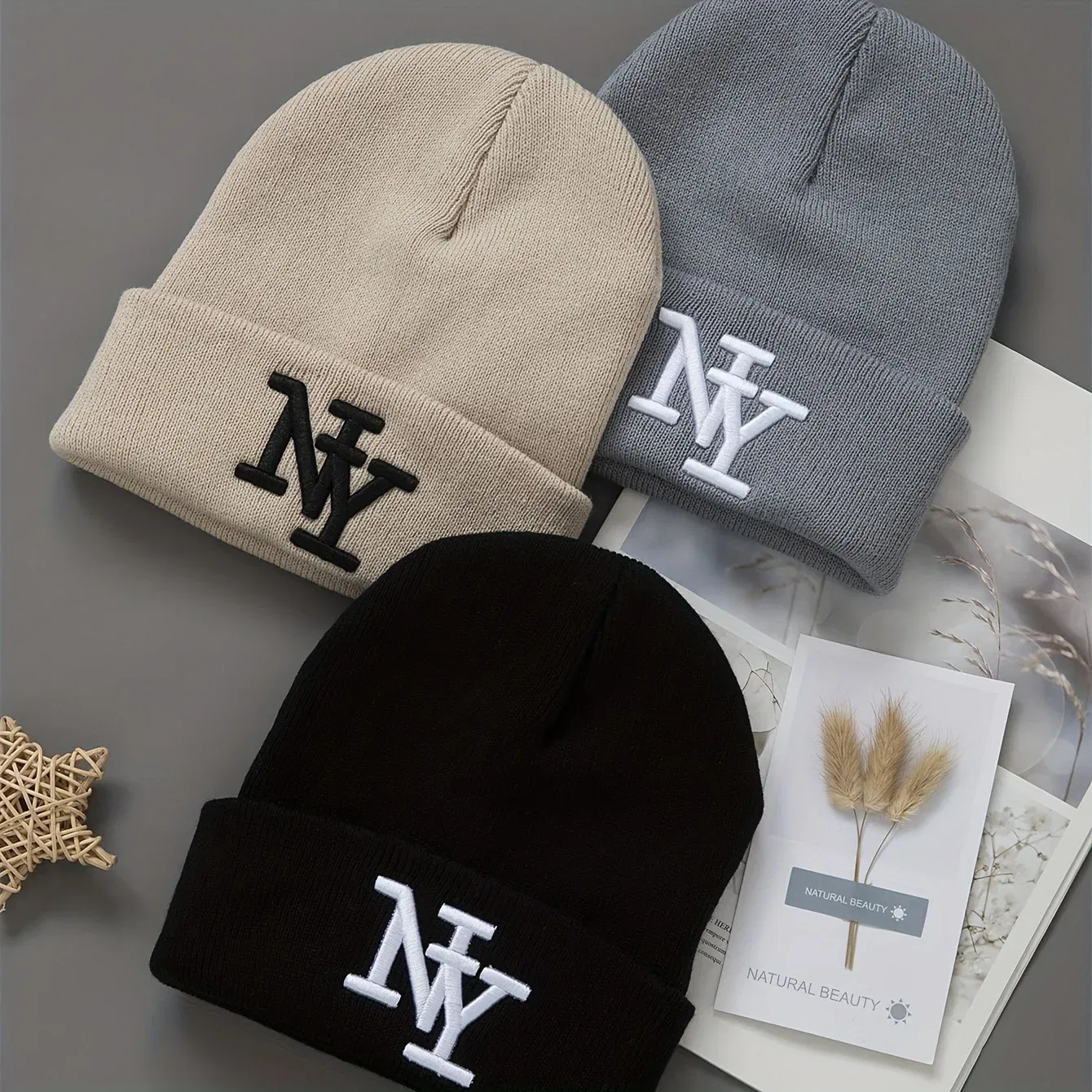 Color: Onion Green - 1/2/3pcs Unisex Winter Beanie Hats, Solid Color Knitted Warm Outdoor Caps with Embroidered NY Logo, Hand Washable, Black