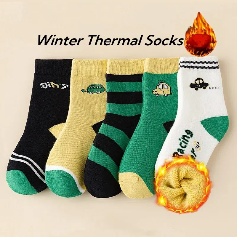 Color: black, Size: 7-9T - Children's Winter Socks 5 Pairs Student's Thick Cotton Socks Boys Warm Winter Socks Cartoon Racing Car Pattern