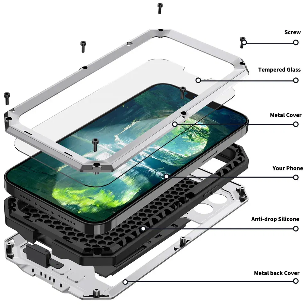 Color: Yellow, Material: nylon - Heavy Duty Metal Aluminum Case For iPhone 14 13 15 Pro Max Military Grade Shockproof Bumpers Armor Kickstand Camera Slider Cases