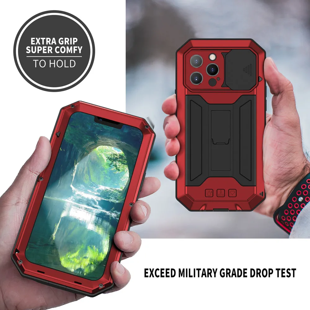 Color: Yellow, Material: nylon - Heavy Duty Metal Aluminum Case For iPhone 14 13 15 Pro Max Military Grade Shockproof Bumpers Armor Kickstand Camera Slider Cases