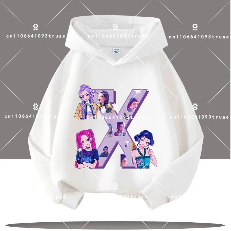 Color: WHITE, Kid Size: 6 - K-pop Demon Hunters Letter A-Z 3-12 Year Old Children Hooded Sweatshirt Girls' Casual Shirt Boys' Sports Shirt Cartoon Print