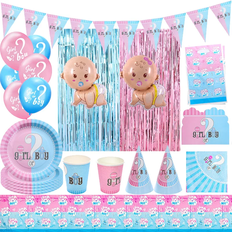 Color: army green - Gender Reveal Party Decorations Disposable Tableware Plates Cups Napkins Tablecloth Boy Girl Balloon Fringe Curtain