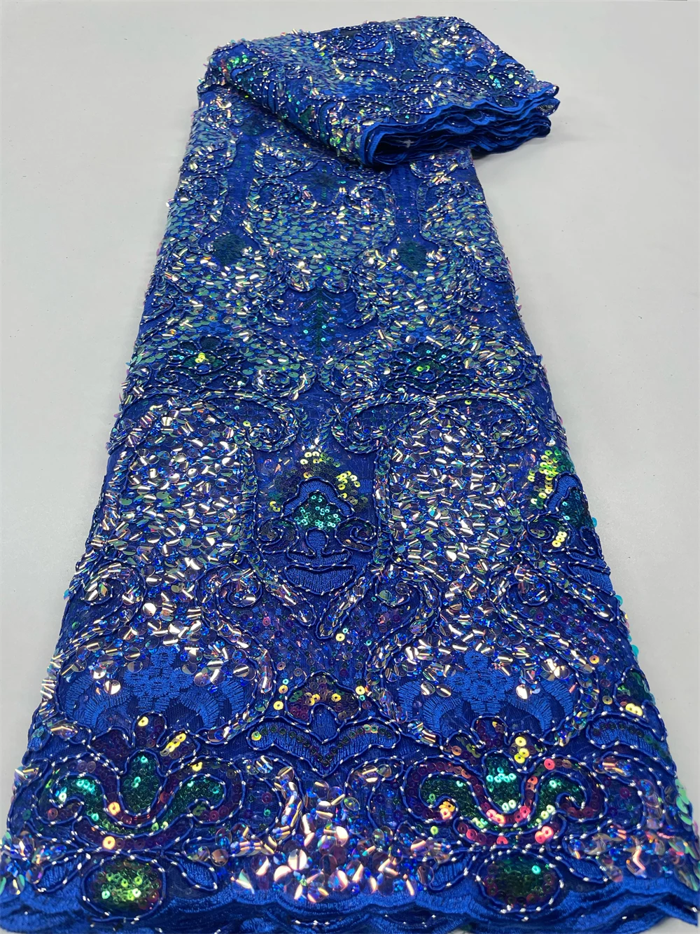 Color: Blue, Length: 3 YARDS, Width: 120cm - 2023 High Quality French Mesh Embroidery Sequins Lace Fabric African Nigerian Lace Fabric For Wedding Dress Sewing 3Yards QF154