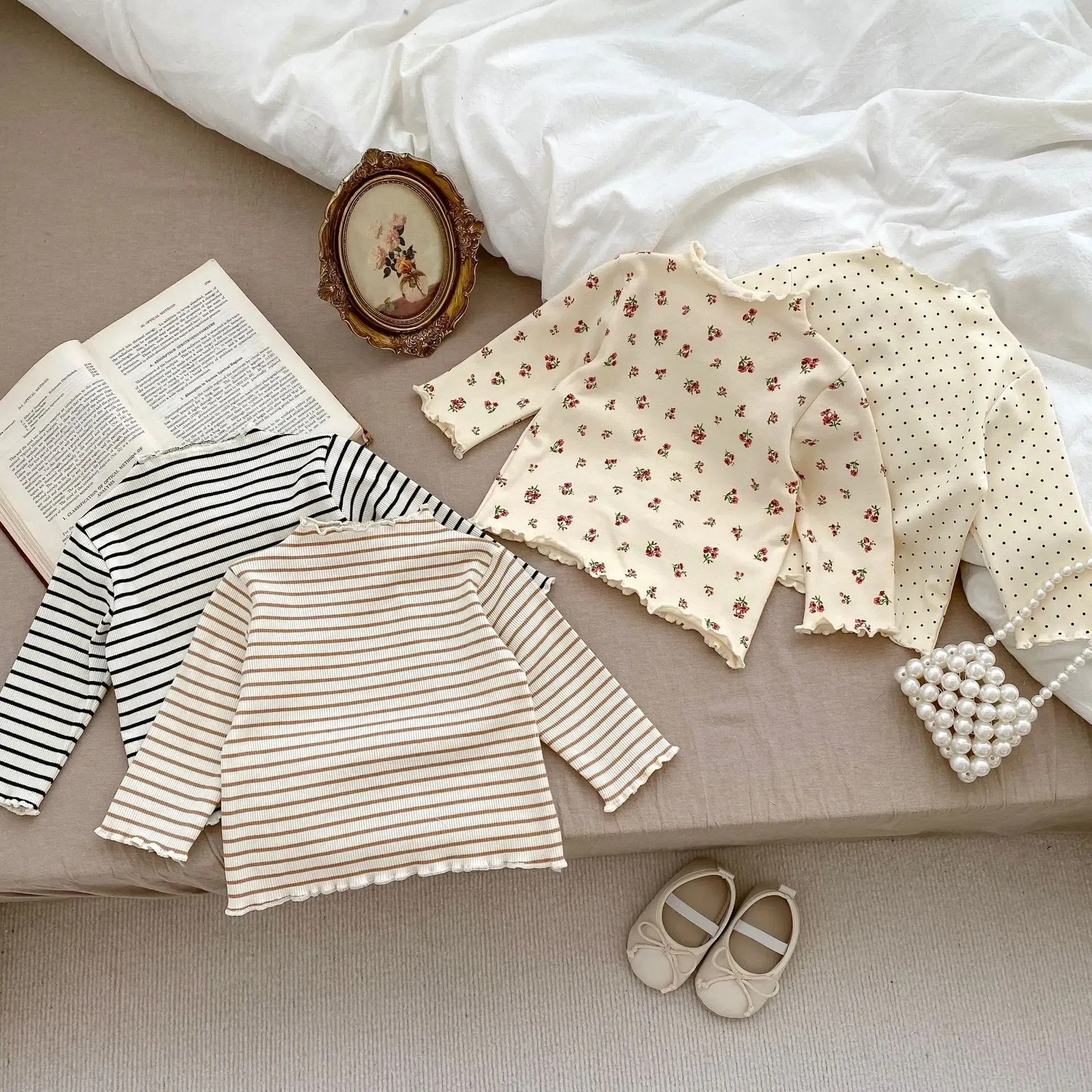 Color: Beige, Kid Size: 5 - New Baby Long Sleeve T Shirt Girls Cotton Casual Tees Infant Ruffled Versatile Shirts Kids Floral Striped Bottoming Tops