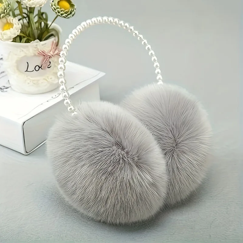 Color: Red - Faux Pearl Hoop Plush Headband Elegant Solid Color Fluffy Earmuffs Thick Coldproof Ear Warmer For Women Girls