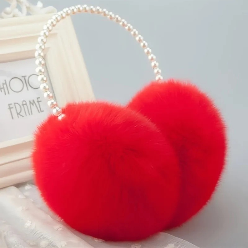 Color: Red - Faux Pearl Hoop Plush Headband Elegant Solid Color Fluffy Earmuffs Thick Coldproof Ear Warmer For Women Girls