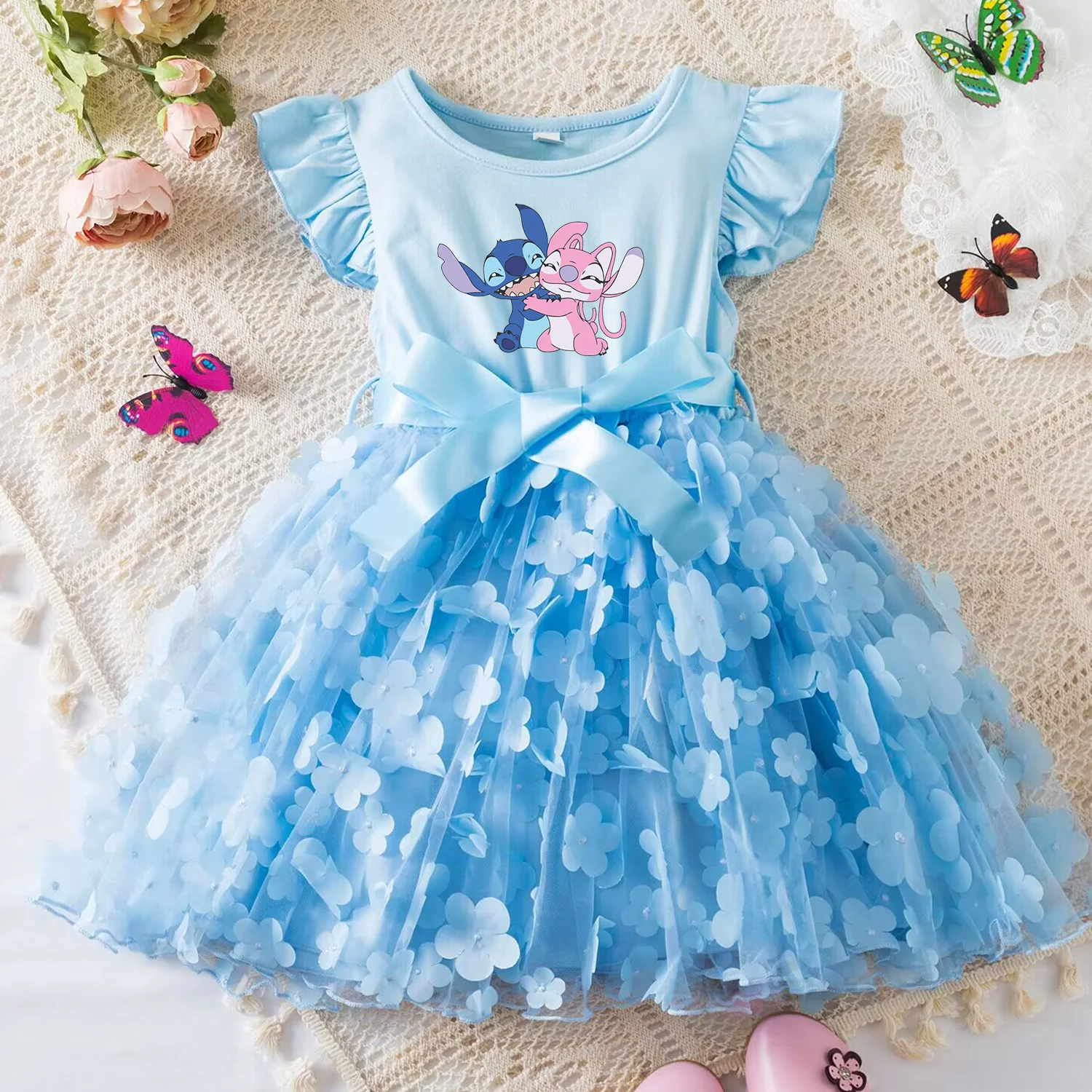 Color: Yellow, Size: XL - 3D Butterfly Cute Lilo Stitch Summer Dress for Kid's Casual Clothes Baby Girls Beautiful Princess Dress Party Dresses 2-6 Yrs