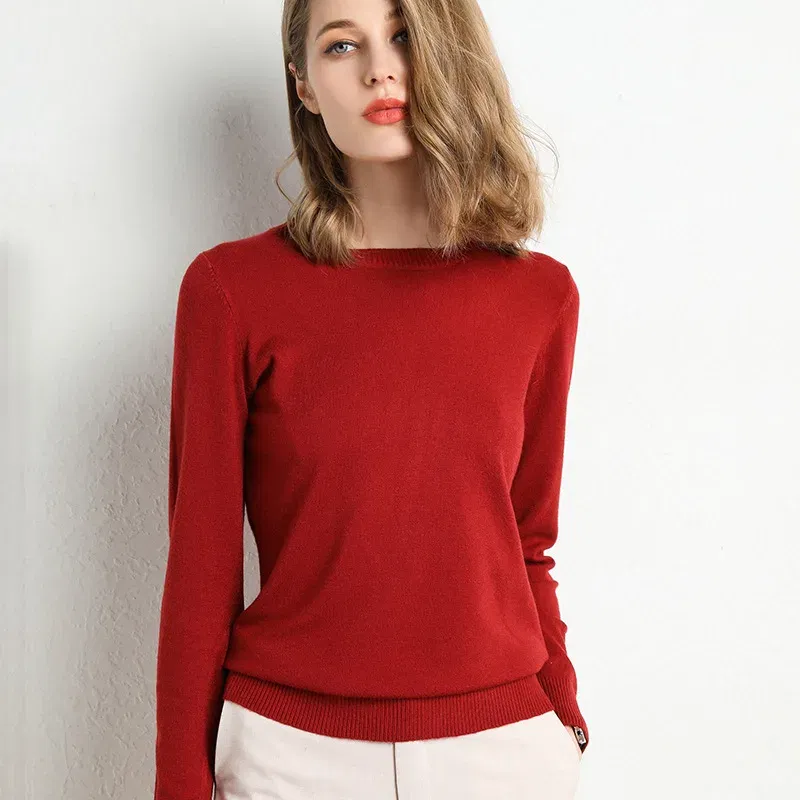 Color: Burgundy, Size: M - Women Slim O-Neck Solid Pullover Cashmere Wool Blending Sweater Autumn And Winter Long-Sleeved Knit Bottoming Shirt Large Size
