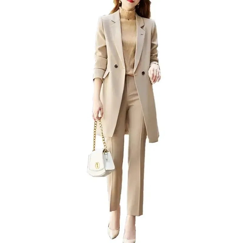 Color: Khaki, Size: XL, Ships From: CHINA - High End Office Professional Women's Blazer Pants 2-Piece Set Fall Fashion Long Female Jacket Over Business Suit Casual Trousers