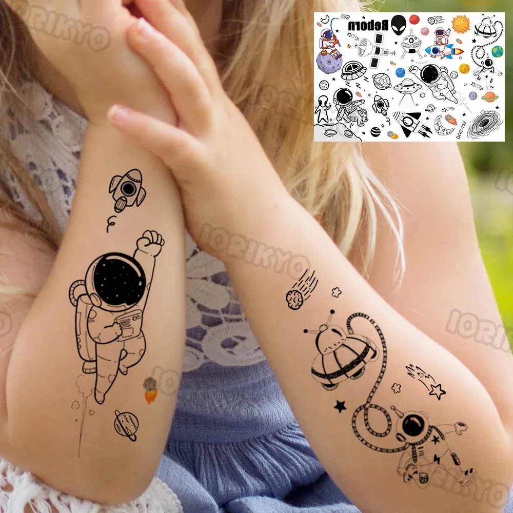 Color: Dark Khaki - Airplane Spaceman Temporary Tattoos For Kids Face Neck Boy Girls Adult Fake Planets Astronaut Tattoo Sticker Black Cartoon Tatoo