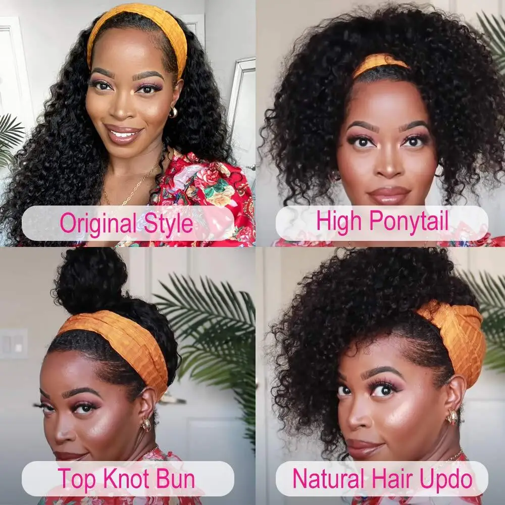 Hair Color: #130, Stretched Length: 16inches - Headband Wig Human Hair Kinky Curly MYLOCKME No Glue Full Machine Made Brazilian Remy Human Hair Wigs For Women 180% Density
