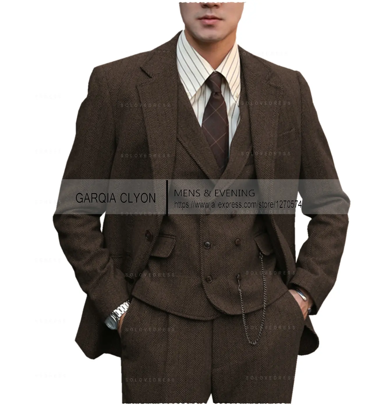Color: army green, Size: S - Tweed Herringbone 3 Pieces Herringbone Men's Business Suits Single Breasted Slim Fit Groom  Formal Suits?€Blazer+vest+Pants?‰
