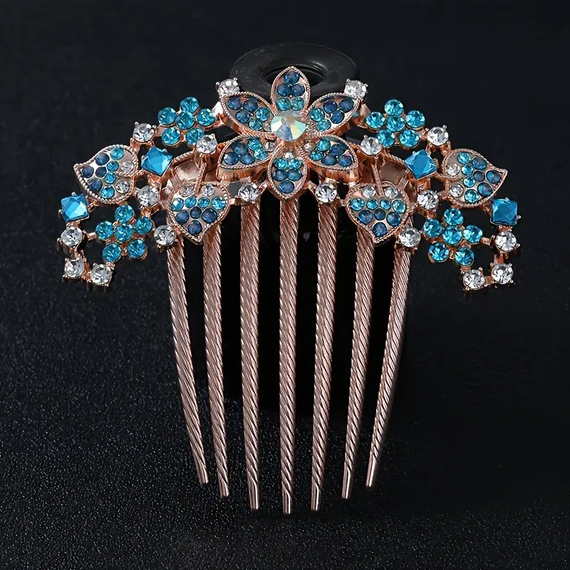 Color: Red - 1PC Elegant Rhinestone Hair Comb Flower Shaped Headwear Women Hair Jewelry Accessories