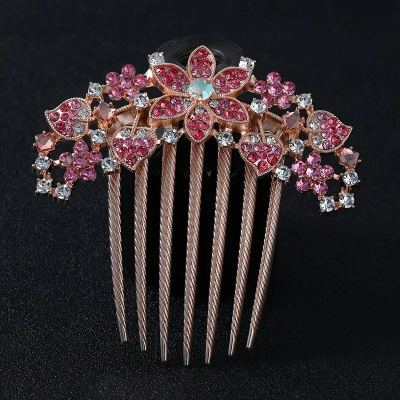 Color: Red - 1PC Elegant Rhinestone Hair Comb Flower Shaped Headwear Women Hair Jewelry Accessories