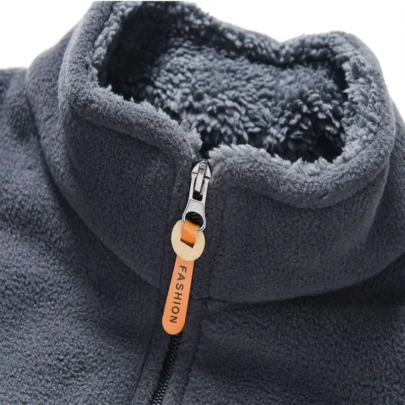 Color: Gold, Size: XL - Men's Fleece Zip Up Outerwear Zipper Fleece-lined Stand Collar Thickened Outdoor Jacket Windproof Polar Fleece Coldproof Jackets