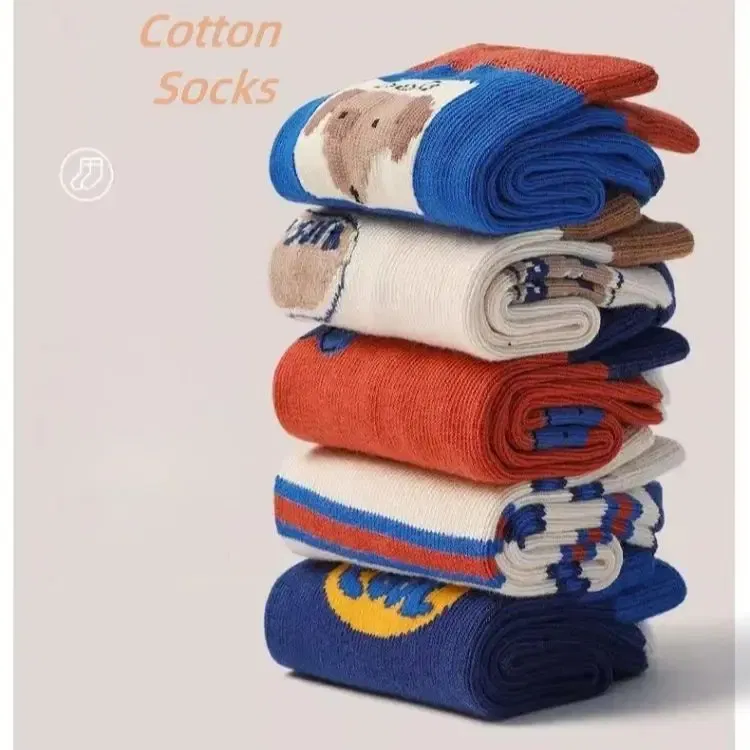 Color: black, Size: 7-9T - Autumn Children's Socks Little Big Boys Cotton Socks Baby Cartoon Pattern Medium Sock 5 Pairs/bag