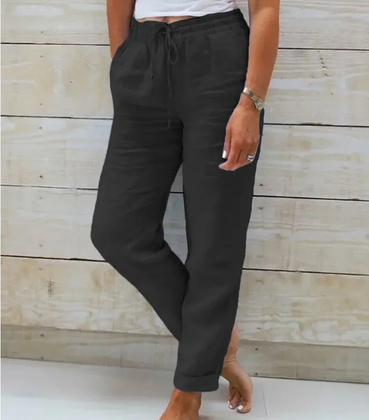 Color: WHITE, Size: S - Cotton Linen Summer Pants for Women High Waist Elastic Casual Trousers Streetwear Solid Female Clothes 2024 Loose Pencil Pants