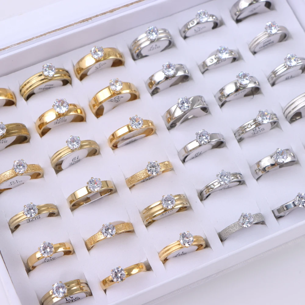 Main Stone Color: WHITE, Metal Color: Rhodium Plated, Ring Size: 17 - 10/20/30/50Pcs/Lot Fashion Elegant Inlaid Stainless Steel Ring With Rhinestone High-end Women's Proposal Engagement Jewelry Gift