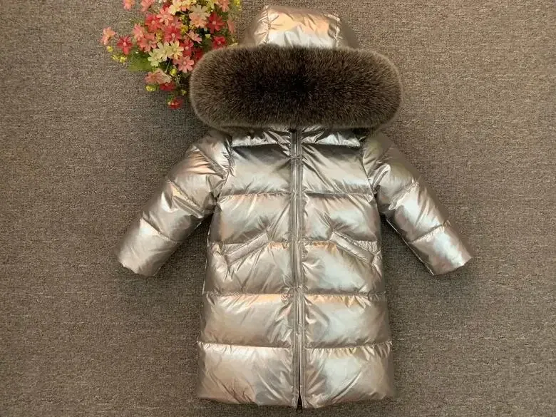Color: Gold, Kid Size: 3T - Children Girl boy Winter real fur thickened down jackets 90 down Long Coat jacket overcoat baby kids clothing -30 outwear ws1245