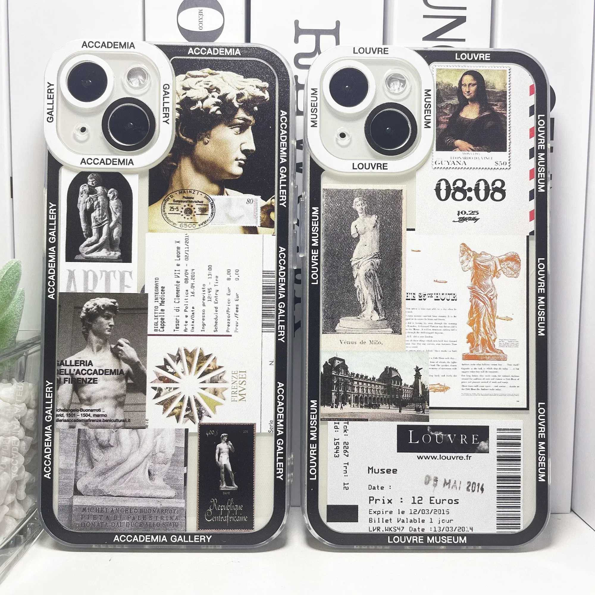Color: black, Material: Other - Van Gogh David Museum Tickets Stickers Collage Art Phone Case For iPhone 14 13 12 11 Pro Max Mini XS X XR SE 7 8 Plus Soft Cover