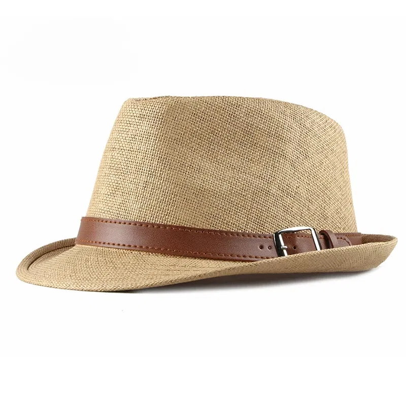 Color: Khaki - Summer Straw Hat Male Korean Fashion Hat Female Sun Visor British Retro Gentleman Jazz Hat