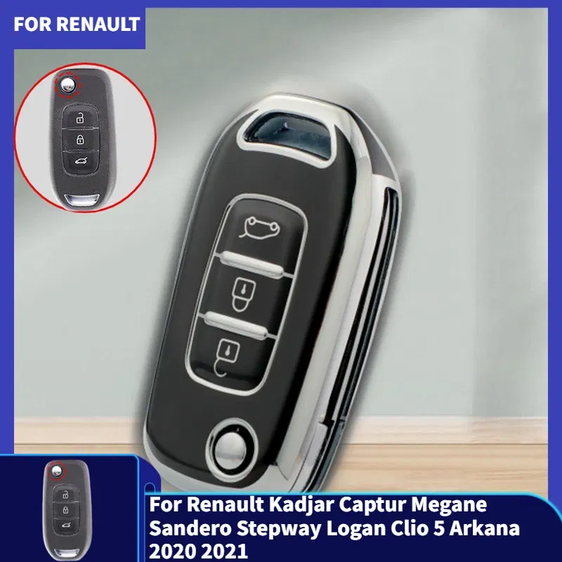 Color Name: Black - For Renault Kadjar Captur Megane Sandero Stepway Logan Clio 5 Arkana 2020 2021 TPU Car Flip Key Case Cover Key Protector