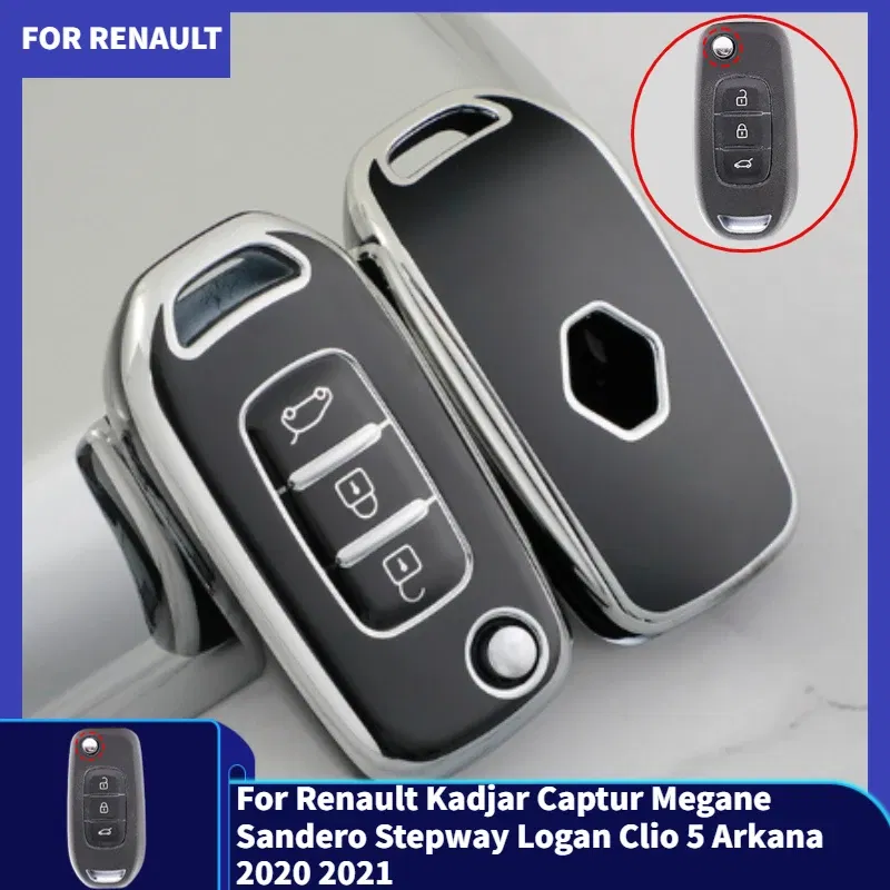 Color Name: Black - For Renault Kadjar Captur Megane Sandero Stepway Logan Clio 5 Arkana 2020 2021 TPU Car Flip Key Case Cover Key Protector