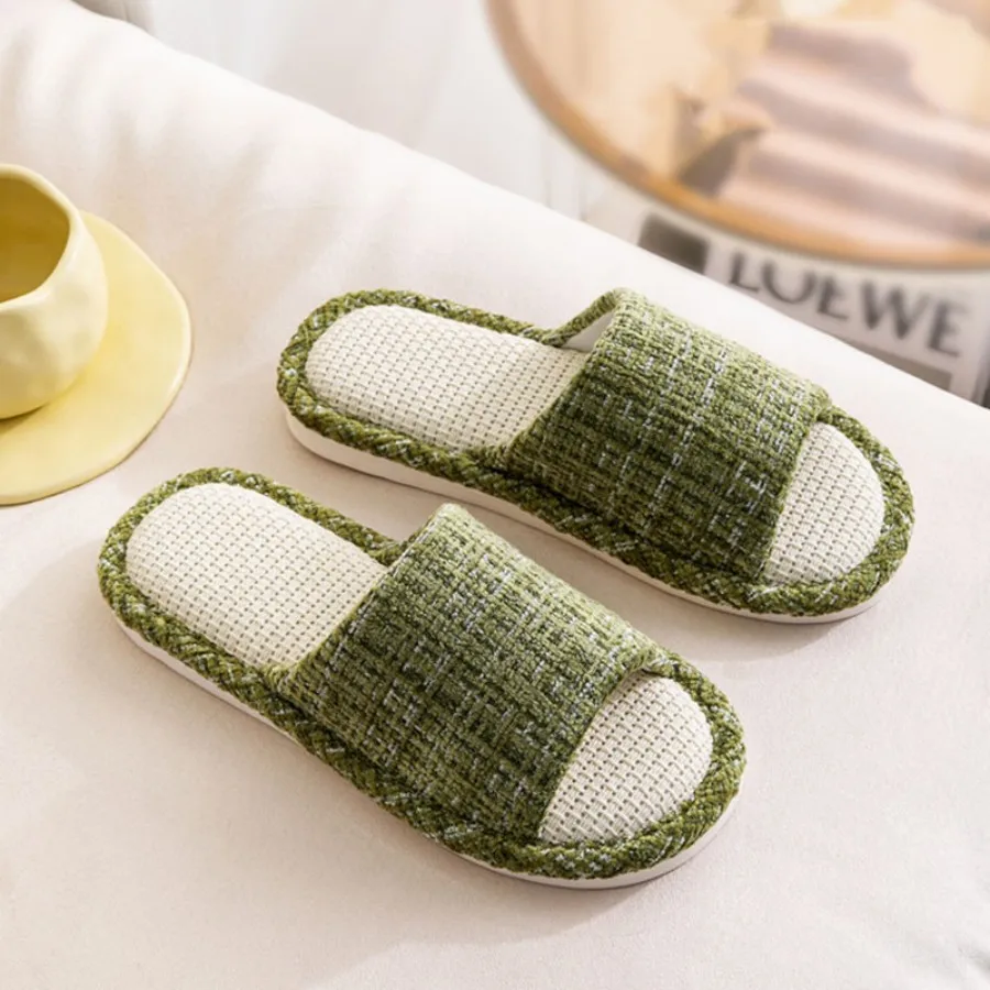Color: Beige, Shoe Size: 38-39 - 2024 New Women's Fashion Home Linen Couple Slippers Breathable Home Shoes Moisture Absorbing Anti slip Cotton Linen Slippers
