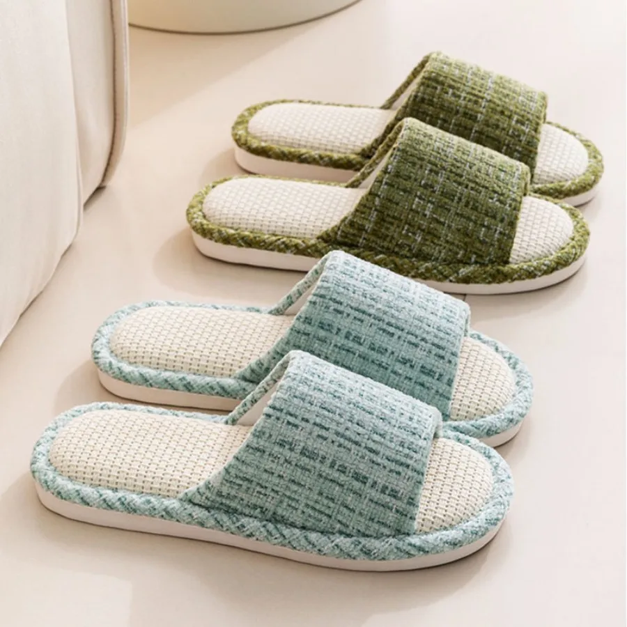 Color: Beige, Shoe Size: 38-39 - 2024 New Women's Fashion Home Linen Couple Slippers Breathable Home Shoes Moisture Absorbing Anti slip Cotton Linen Slippers