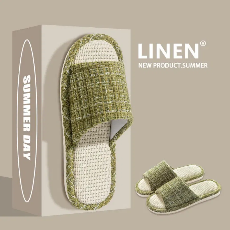 Color: Beige, Shoe Size: 38-39 - 2024 New Women's Fashion Home Linen Couple Slippers Breathable Home Shoes Moisture Absorbing Anti slip Cotton Linen Slippers