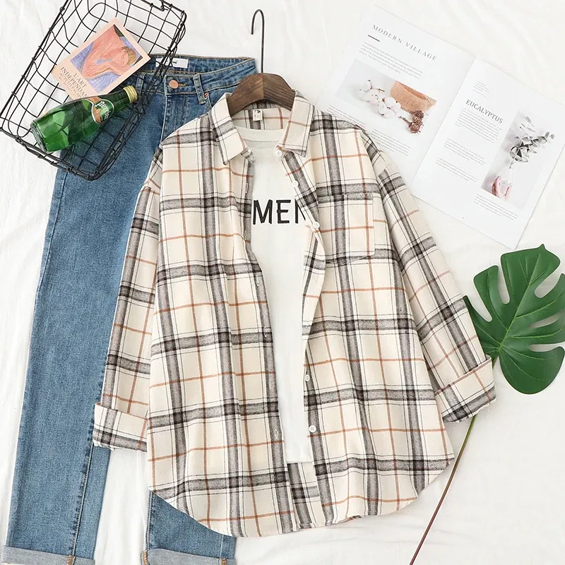 Color: Red, Size: L - Fresh Flannel Plaid Shirt Women 2025 New Female Blouses and Tops Cotton Loose Long Sleeve Casual Shirts Fine Women's Clothes