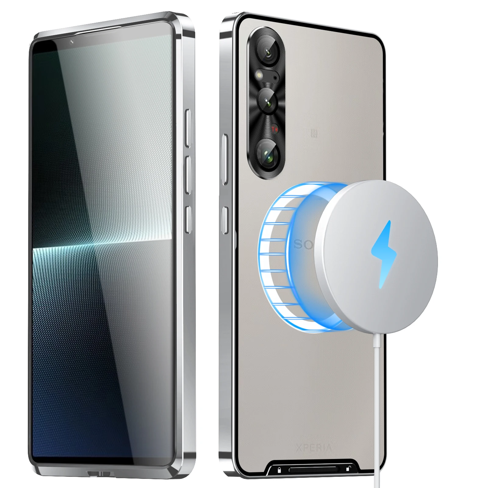 Color: Silver, Material: aluminum - Metal Alloy Magnetic Case For Sony Xperia 1 V 10 IV iii 5 V Aluminum Bumper Frame Clear Transparent Wireless Charger Cover